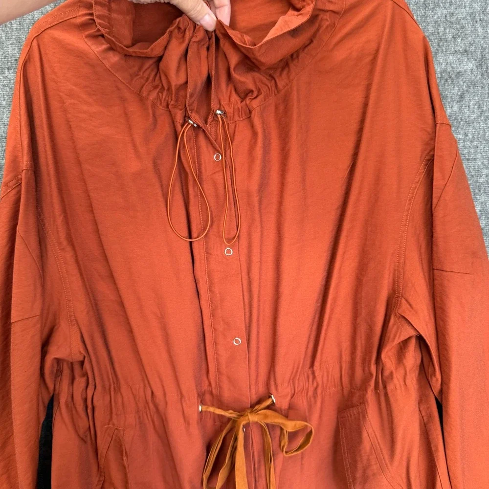 Womens Large Rust Orange Utility Coat Trench LONG Drawstring Long Rayon BBY1002 - Picture 4 of 16